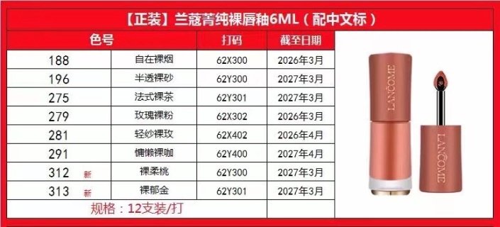 💹30✍️明通版本,兰蔻箐纯裸唇釉6ml
色号:188+196+275+279+281+291+312+313
