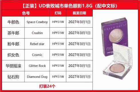 💹28✍️明通版本
衰败城市单色眼影1.8g
🔜 高质量❗️6⃣色:牛郎色Space Cowboy#,茶牛郎Crushin#,粉牛郎Rebel Star#,织女色Cosmic#,华丽摇滚Glitter Rock#,钻石狗Diamond Dog#。
🎉【新品】UD衰败城市眼影单色1.8G 正装
色号:牛郎色+茶牛郎+粉牛郎
织女色+华丽摇滚+钻石狗